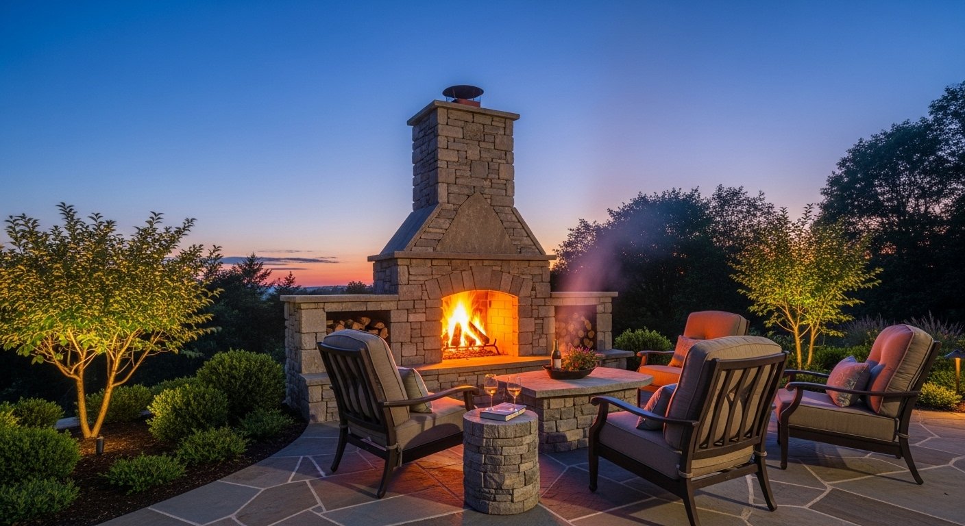Outdoor stone fireplace on a patio in Apopka, FL